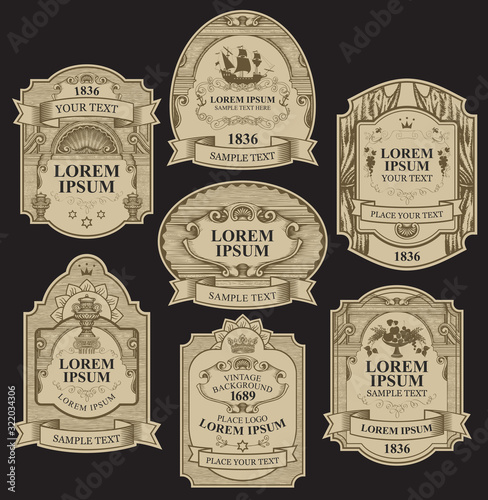 Vector set of ornate hand-drawn labels in figured frames on the black background. Collection of vintage labels decorated by ribbons, crowns, fruits, curls with place for text and logo