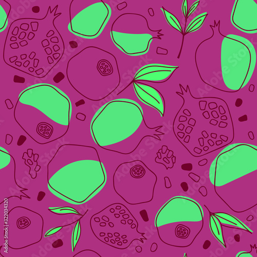 Seamless bright pattern of half, whole garnet fruit. Hand drawn concept for web, print posters, textile, children clothes, linens dress, fabric in flat style. Vector illustration background. 