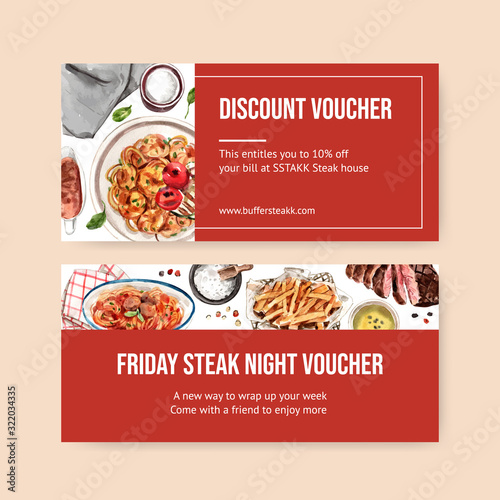 Steak voucher design with french fries, grilled meat watercolor illustration.
