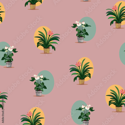 Wallpaper Mural Potted flowers pattern. In soft pink and blue colors. Spathiphyllum and clivia. Torontodigital.ca