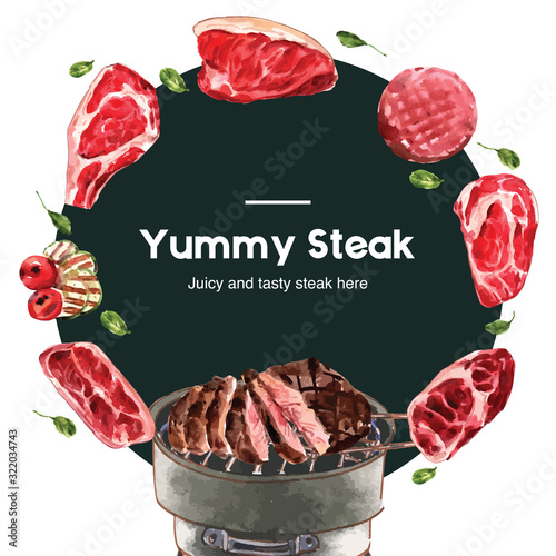 Steak wreath design with steak, grill stove watercolor illustration
