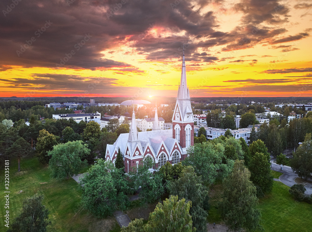 Aerial view of the church at sunset in Joensuu, Finland.