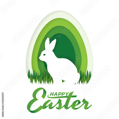 Greeting card Happy Easter day concept, Paper art and digital craft style of rabbit standing on grass that is inside the green egg shape
