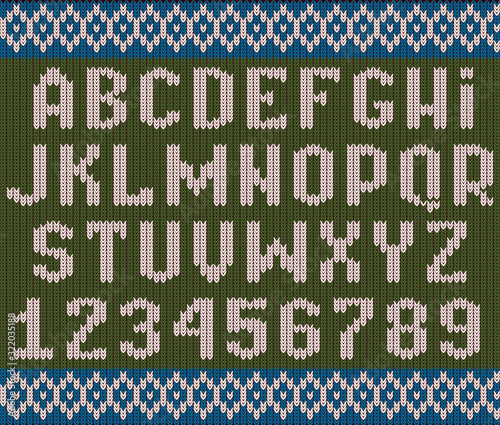 Knitted alphabet. Christmas textured font to celebration clothes sweater or jumper vector alphabet set. Abc alphabet font, fabric handmade typography illustration