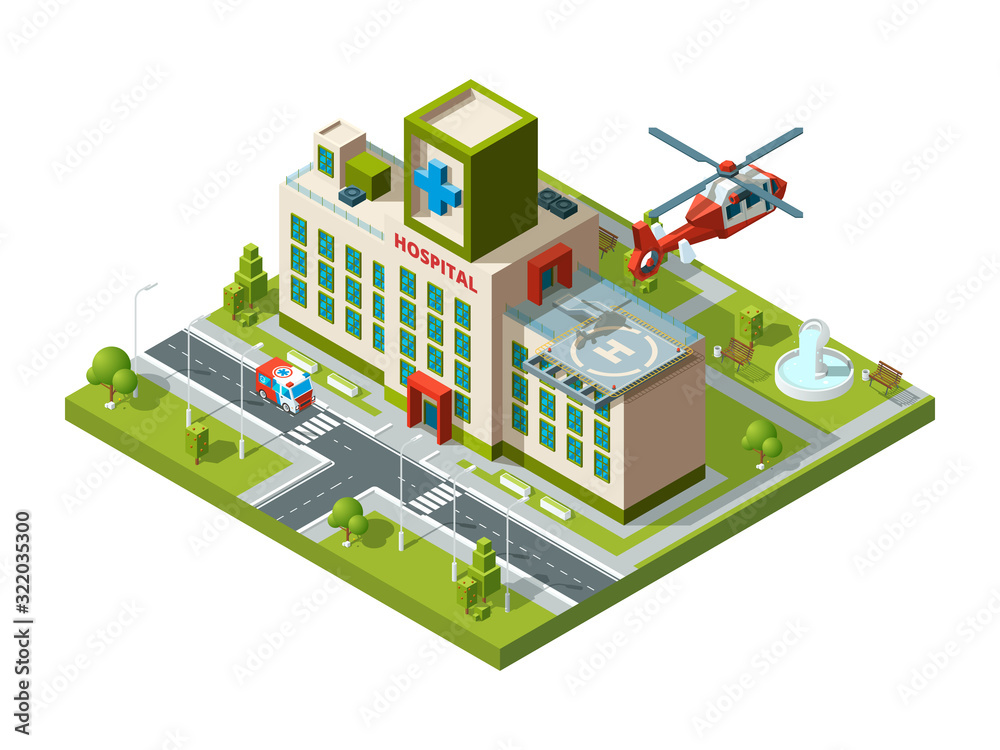 Ambulance building. Emergency transport helicopter on hospital roof helipad vector healthcare isometric. Hospital building, ambulance and helicopter, architecture clinic illustration