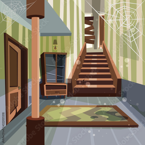 Abandoned house. Broken interior room indoor nobody empty home abandoned building vector cartoon background. Abandoned empty, structure house room, broken interior illustration