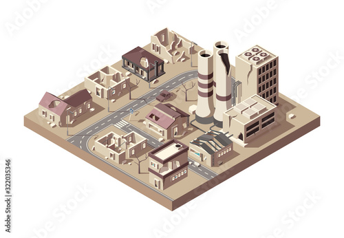 City ruins. Abandoned town with broken buildings manufacturing city decay vandalized objects vector isometric. Illustration building abandoned, town broken, architecture empty and dilapidated