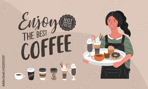 Coffee shop hand drawn collection . Cartoon woman waitress character hold tray with various coffee pots. Handwritten quote lettering with americano and latte, cappuccino and mocha. Vector illustration