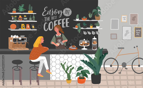 Fototapeta Coffee shop or cafe interior design and scene. Character of Girl barista make cappuccino art and happy cafe customer. Scandinavian style interior with houseplants and handwritten quote. Cartoon vector