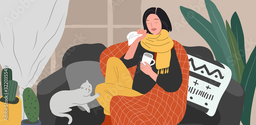 Girl caught a cold flu or virus on couch with cat and tea. Young woman is sick and cough at home scandinavian style cozy interior with homeplants. Cartoon vector illustration