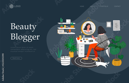 Landing page template with Girl makes make up in front of a mirror for skin care and beauty blogging. Daily life and everyday routine scene by young woman in scandinavian style cozy interior. Cartoon