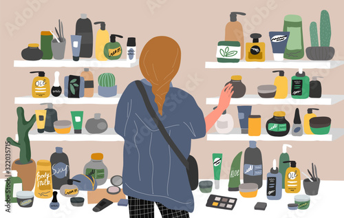 Young woman back view choosing natural cosmetics and eco products in store. Female shop assistant, cosmetic, skincare, makeup and beauty products buyer character. Cartoon vector illustration
