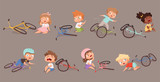 Broken bicycle. Kids fallen from bike unhappy childrens vector accidents illustrations. Bike damaged variation, crash and trouble