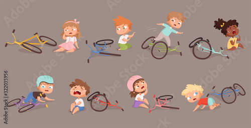 Broken bicycle. Kids fallen from bike unhappy childrens vector accidents illustrations. Bike damaged variation, crash and trouble