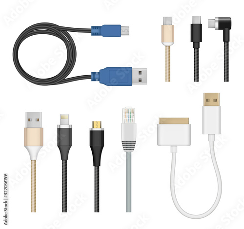 Connection cables. Computer and mobile devices charging cord electric cable plugs usb pc vector realistic collection. Usb connection cable, cord and wire, plug electric illustration