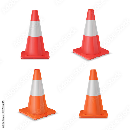 Red and orange realistic road plastic white striped shiny cones.