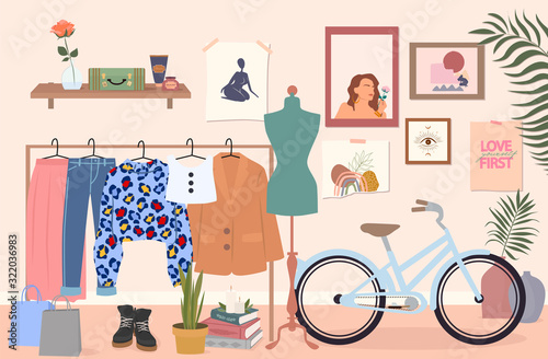 Stylish modern comfy apartment furnished. Scandinavian hygge style Interior. Feminine mood board, clothes, boots, bicycle, home decorations and home plants. Flat vector illustration.