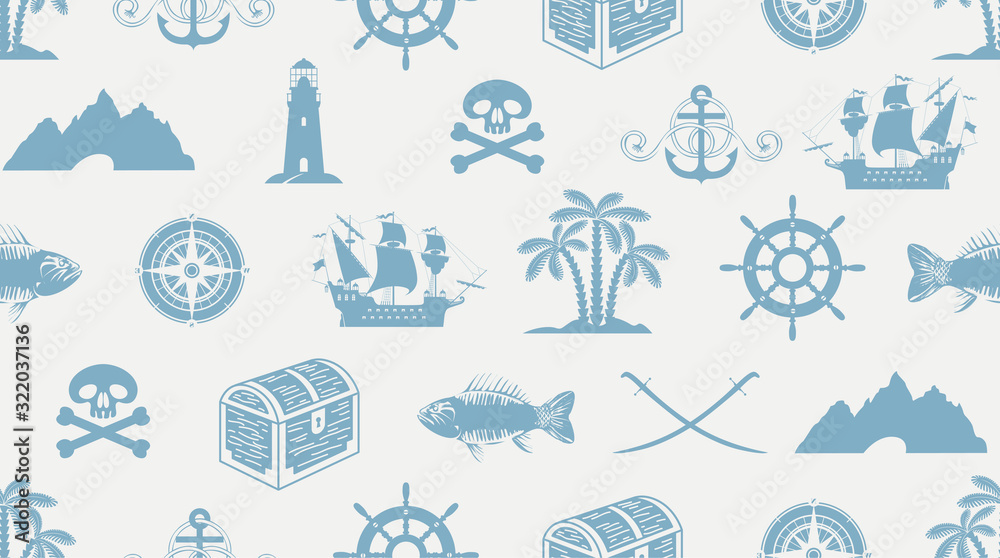 Vector seamless pattern on the theme of sea travel and pirate adventures with sailboats, lighthouses, Jolly Rogers, treasure chests and more. Suitable for background, Wallpaper, wrapping paper, fabric