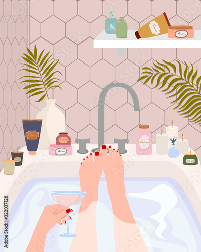 Girl relaxes in bath with foam. Scandinavian hygge style bathroom Interior. Feminine Daily routine in bathroom interior with homeplants, cosmetics and candle. Vector illustration