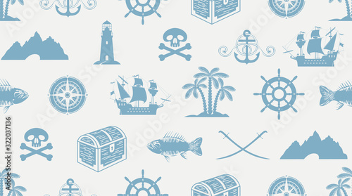 Vector seamless pattern on the theme of sea travel and pirate adventures with sailboats, lighthouses, Jolly Rogers, treasure chests and more. Suitable for background, Wallpaper, wrapping paper, fabric © paseven