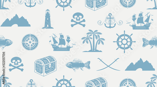 Vector seamless pattern on the theme of sea travel and pirate adventures with sailboats, lighthouses, Jolly Rogers, treasure chests and more. Suitable for background, Wallpaper, wrapping paper, fabric