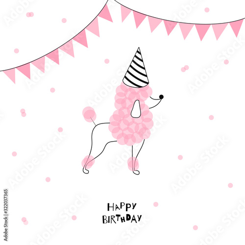 Happy Birthday card with Candy Pink Poodle dog in cone hat illustration isolated on white background. Bread doggy pet simple linear clip-art. Clean line animal drawing vector.