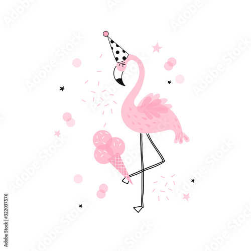 Candy Pink Flamingo in cone hat with ice-cream illustration isolated on white background. Exotic bird simple linear transparent overlapping shapes vector clip-art. Happy Birthday design concept
