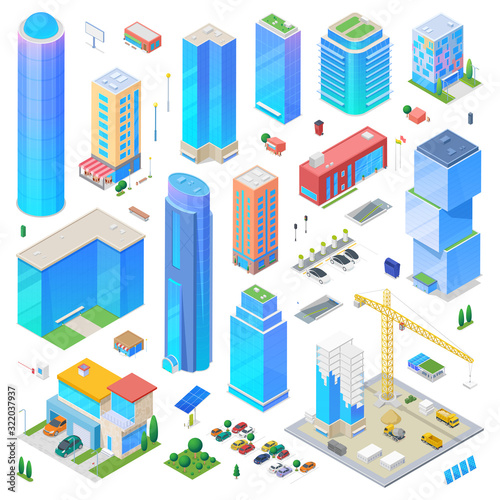 Isometric city scene generator creator vector design objects illustration. Skyscrapers buildings construction cars vehicles street objects collection.