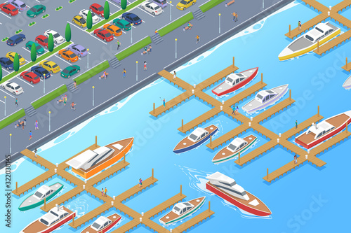 Isometric Boats Yachts on Pier Berth near embankment with Cars on Parking Flat Vector illustration.
