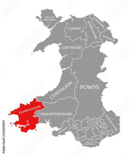 Pembrokeshire red highlighted in map of Wales
