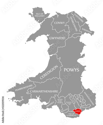 Cardiff red highlighted in map of Wales