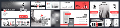 Business presentation template, red and black infographic elements on white background. Buildings, walking people in the city. Vector slide, presentation of business projects and marketing. Accounting