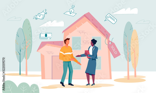 Handshake and successful real estate transactions conclusion scene with people characters. Property sale and rental concept. Housing search online services and agency. Flat vector illustration