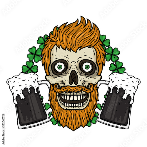 Irish skull. The skull of Saint Patrick's with glass beer and clover leaves.