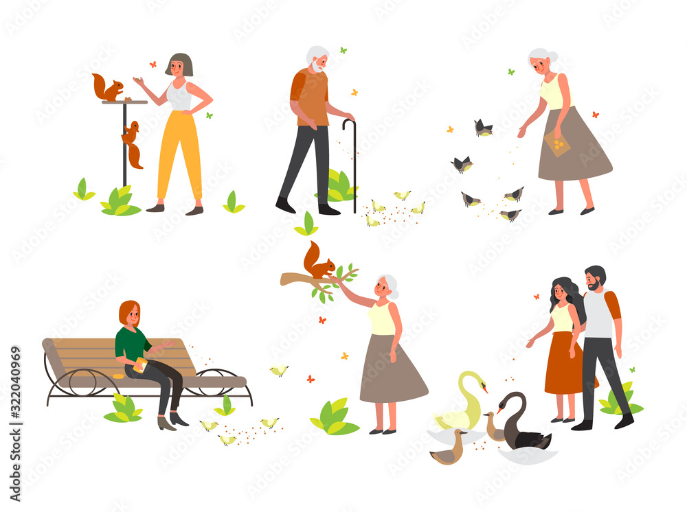 Fototapeta premium People feeding bird and animal in tha park set.