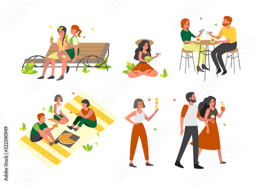 People spend time outdoor and eating street fast food set.