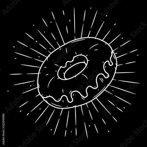 Donut. Hand drawn vector illustration with Donut and divergent rays. Used for poster, banner, web, t-shirt print, bag print, badges, flyer, logo design and more.