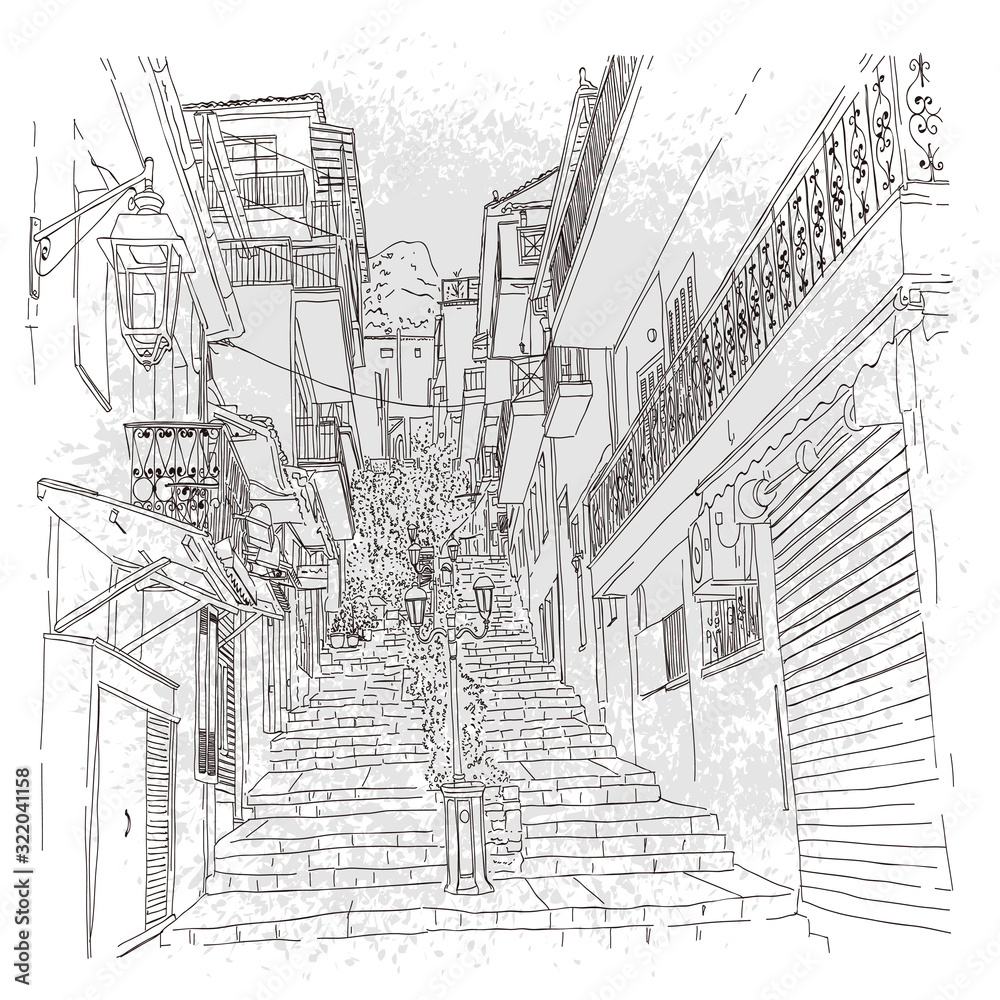 old town european street in hand drawn line sketch style