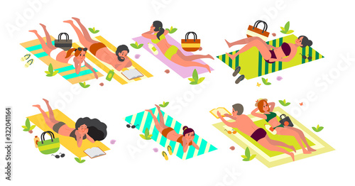 Summer vacation activities concept. People laying on beach towel