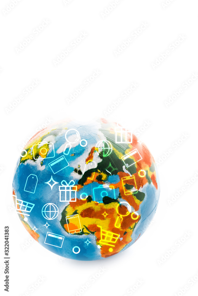 multicolored globe with illustration isolated on white with copy space multicolored globe with illustration isolated on white with copy space