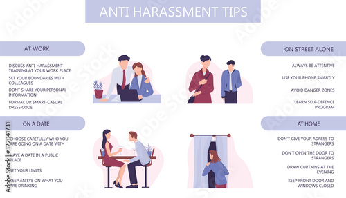 Sexual assault and harassment prevention infographic. Security advisories