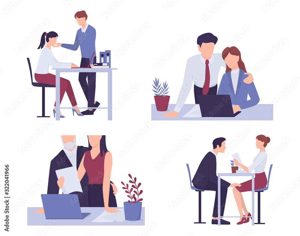 Sexual harassment in workplace set. Assault and abuse behavior. Sexual harassment in workplace set. Assault and abuse behavior.