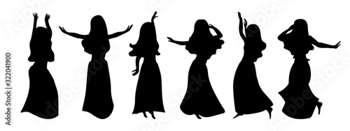 Vector illustration of silhouettes of beautiful girls dancing belly dance. Graceful soothing beauties in different poses on a white background.