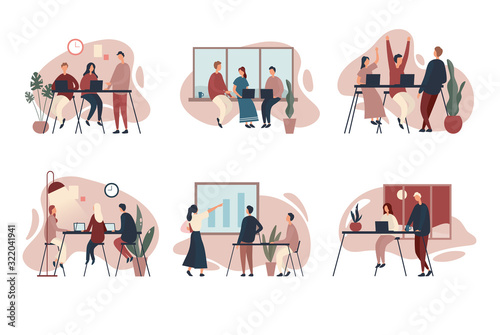 Various colleagues working together in offices. Vector illustration