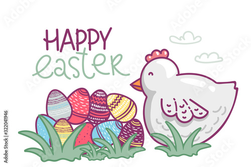 Easter hen and eggs. flat vector illustration isolate on white background. Cute creative card template with chicken. Hand Drawn. for Easter, egg hunt, party invitations, scrapbooking in bright colors