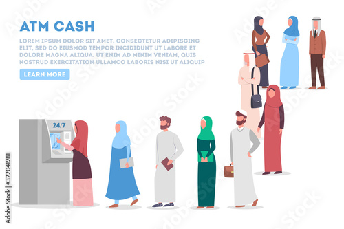 Long queue to ATM. Muslim people standing in queue to ATM.