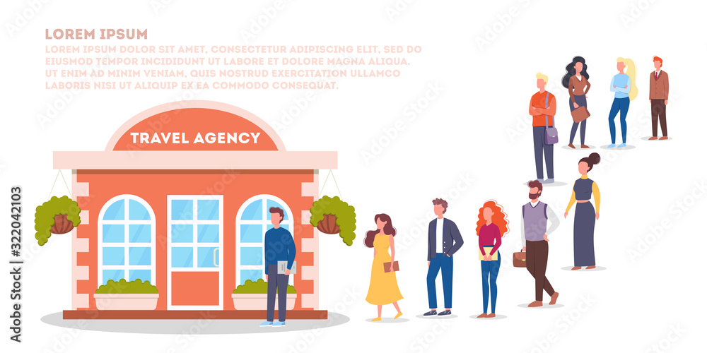 Vector illustration of big queue of people standing towards a travel agency