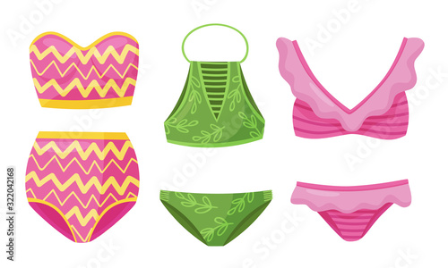 Female Colorful Swimsuits Isolated on White Background Vector Set. Fashion Tankini Collection