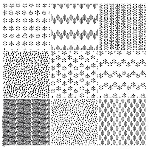 Vector seamless surface pattern pack. Many leaves, branches, herbs, dots, triangles. Floral spring design for printing on paper, fabric, cards. Natural background for social media blog post, banners