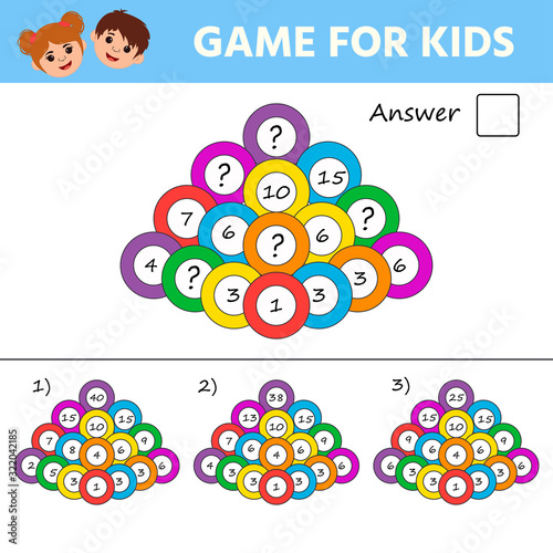 Education logic game for kids development of logic iq. Kids activity sheet. Mathematical addition pyramid. Children funny riddle entertainment
